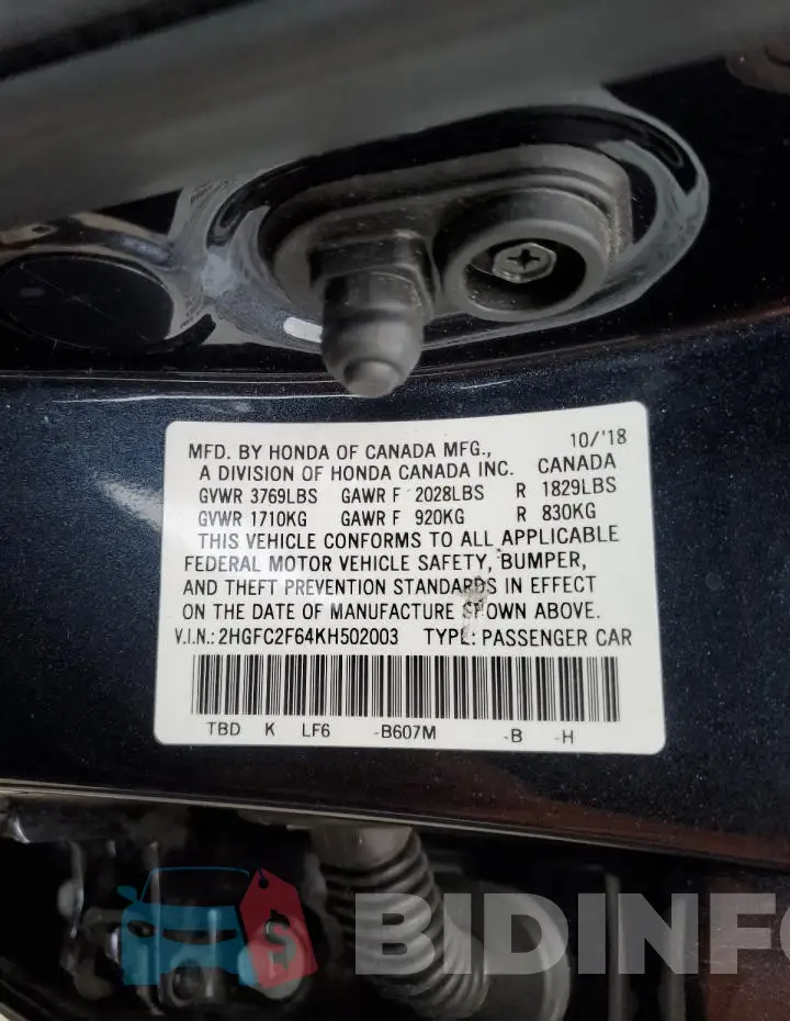 2HGFC2F64KH502003 Photo# 13