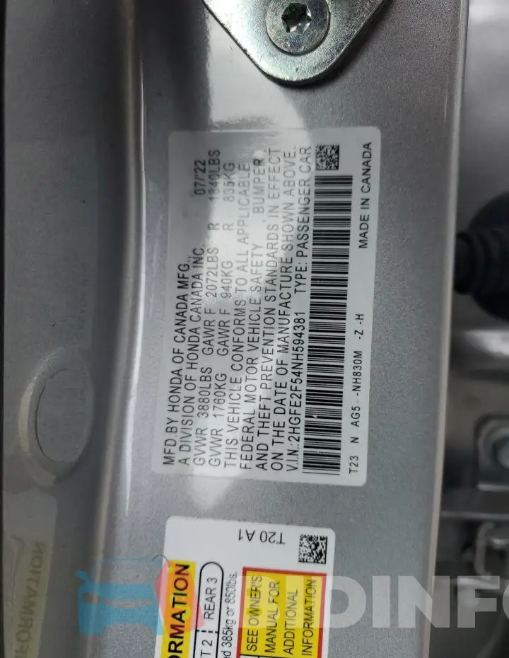 2HGFE2F54NH594381 Photo# 12