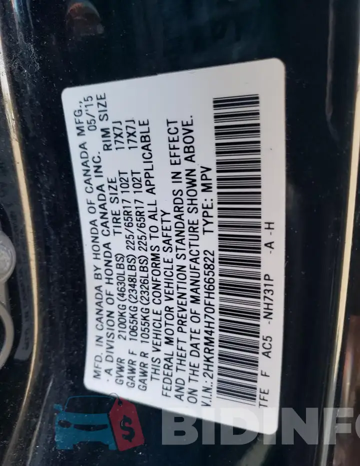 2HKRM4H70FH665822 Photo# 12