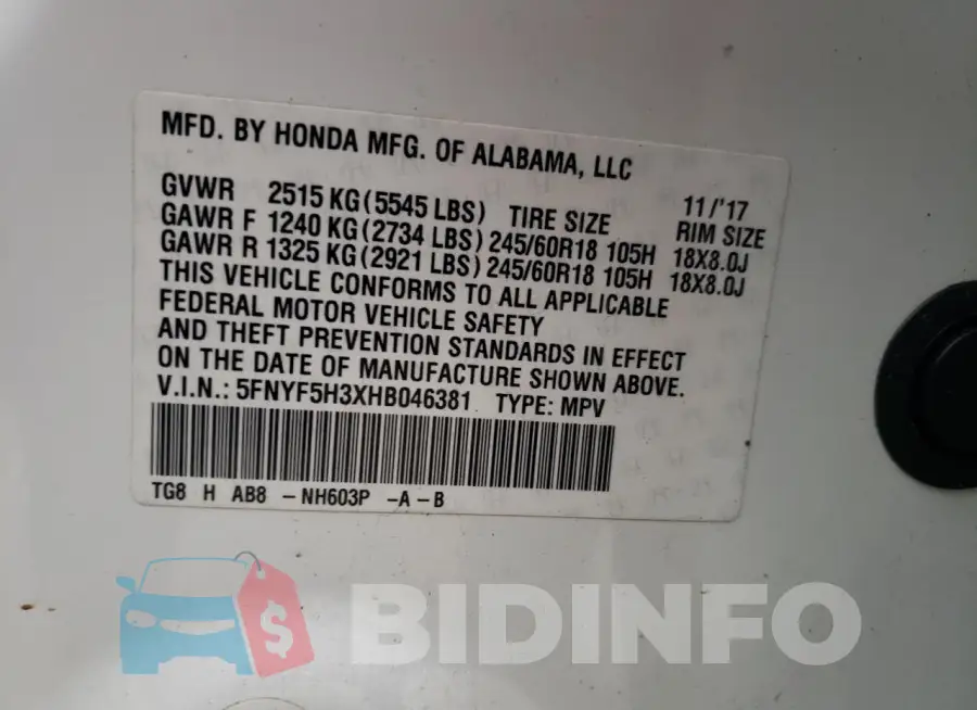 5FNYF5H3XHB046381 Photo# 13