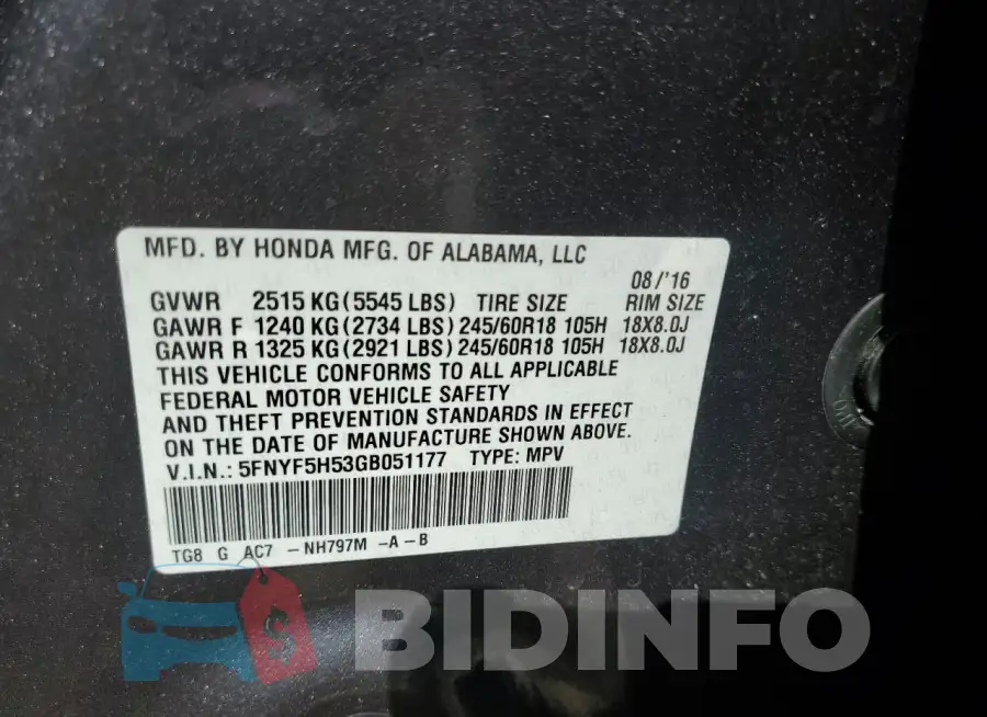 5FNYF5H53GB051177 Photo# 12