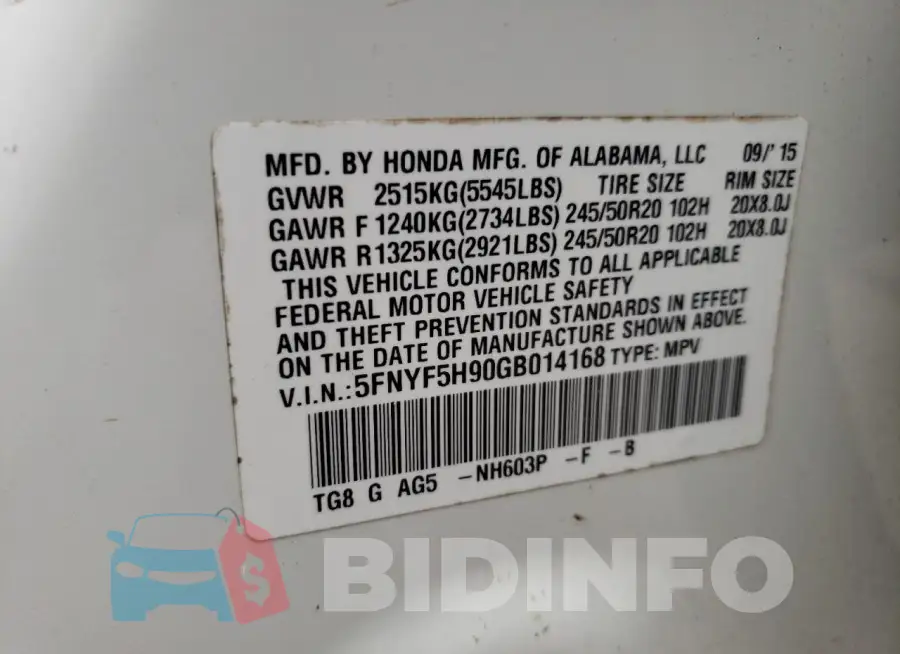 5FNYF5H90GB014168 Photo# 13