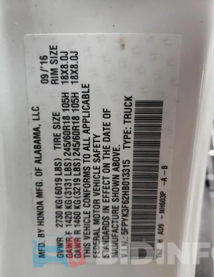 5FPYK3F62HB013315 Photo# 12