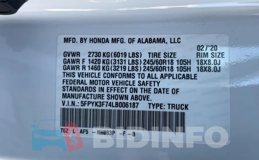 5FPYK3F74LB006187 Photo# 10