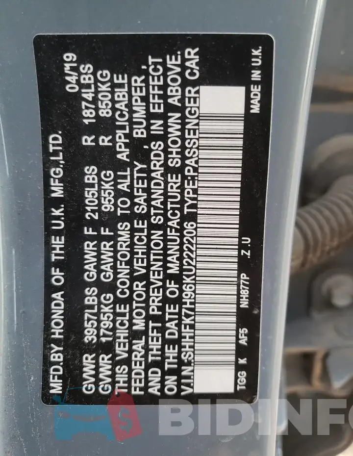 SHHFK7H96KU222206 Photo# 12