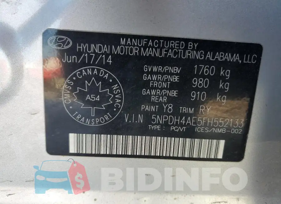 5NPDH4AE5FH552133 Photo# 12
