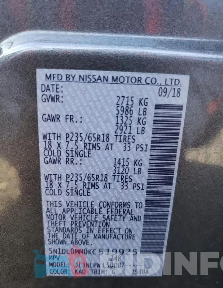 5N1DL0MM0KC519925 Photo# 13