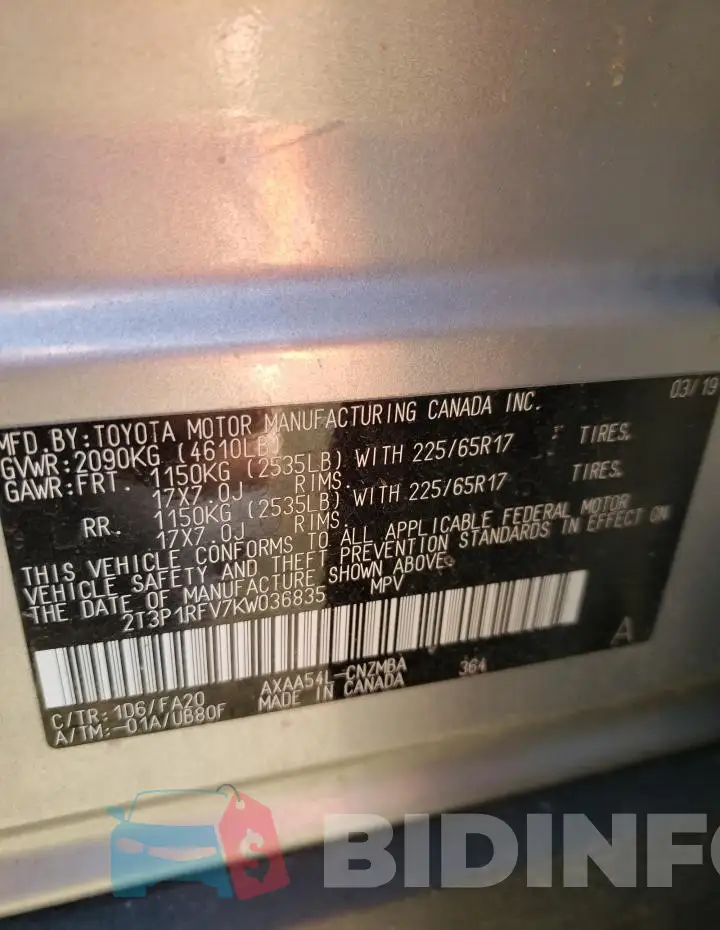 2T3P1RFV7KW036835 Photo# 12