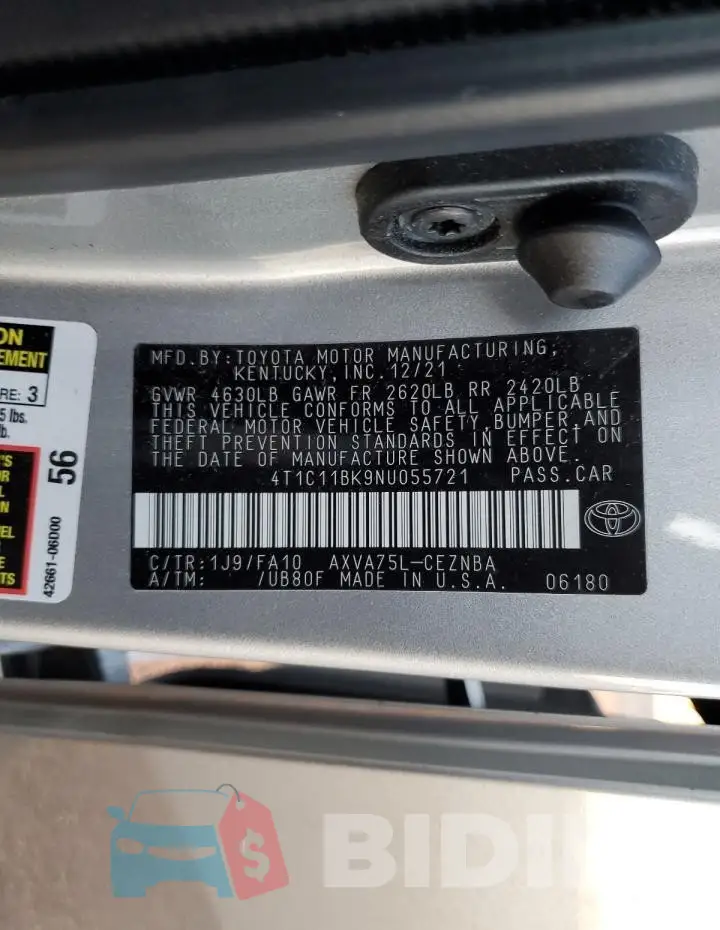 4T1C11BK9NU055721 Photo# 12