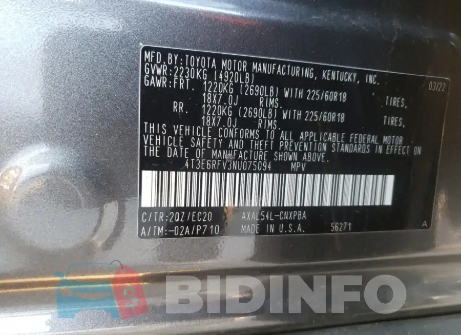 4T3E6RFV3NU075094 Photo# 12