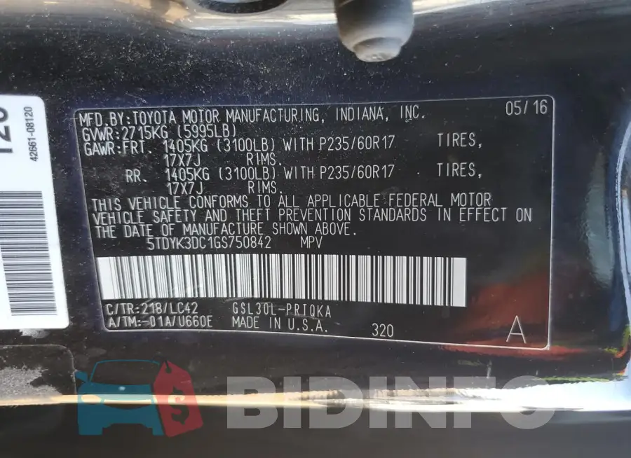 5TDYK3DC1GS750842 Photo# 13