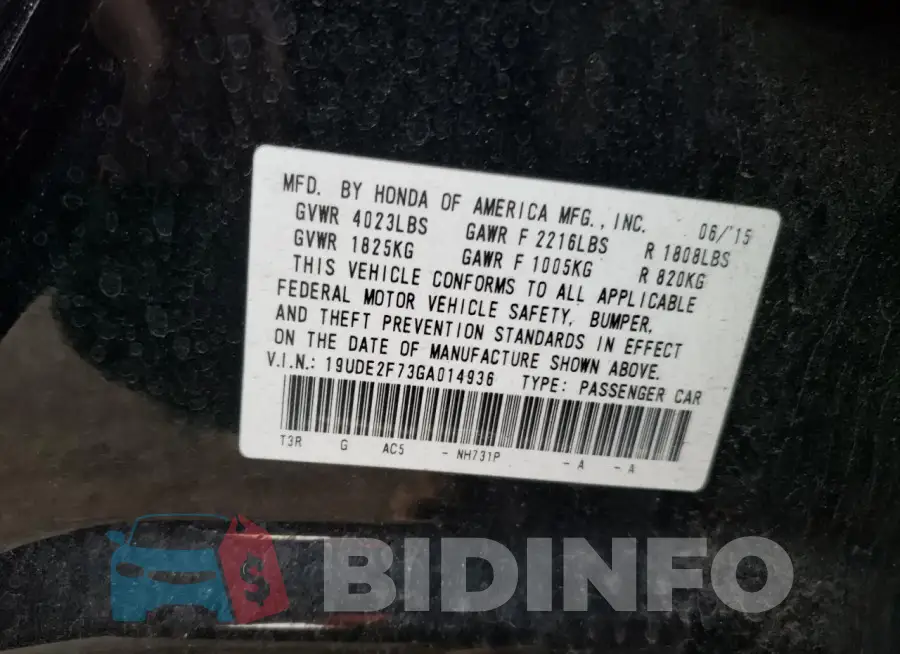19UDE2F73GA014936 Photo# 13