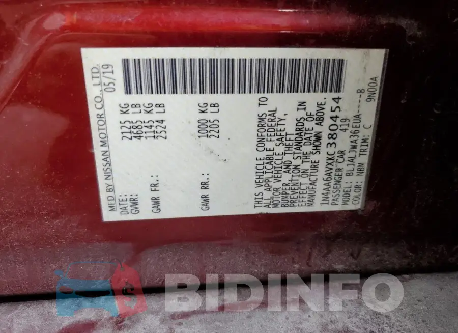 1N4AA6AVXKC380454 Photo# 13