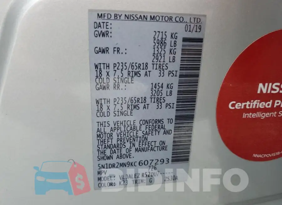 5N1DR2MN9KC607293 Photo# 13