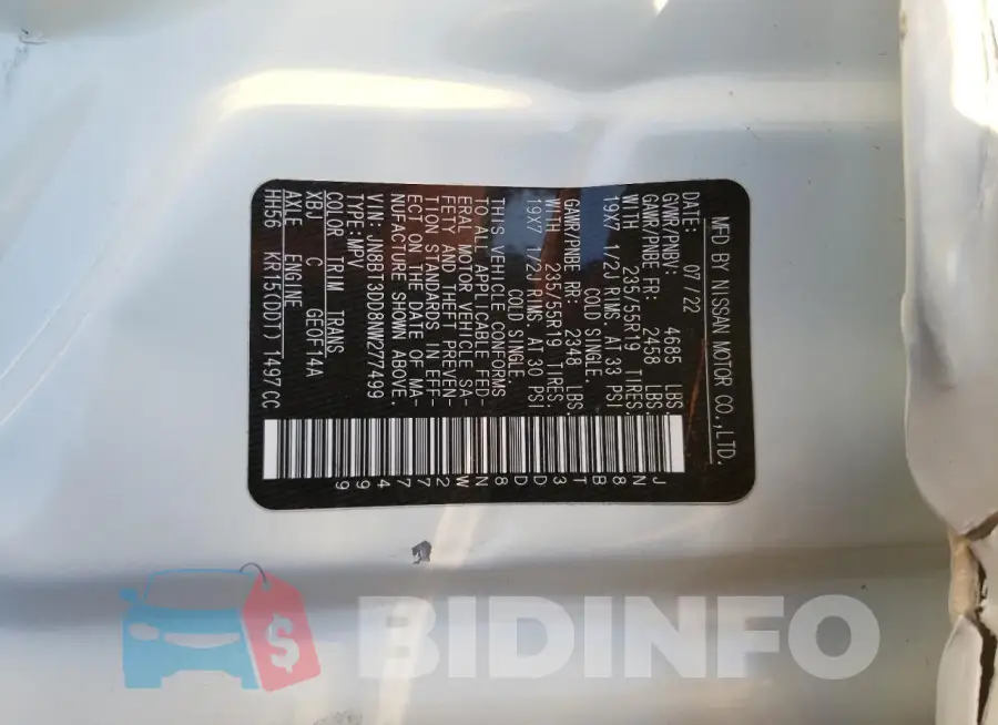 JN8BT3DD8NW277499 Photo# 14
