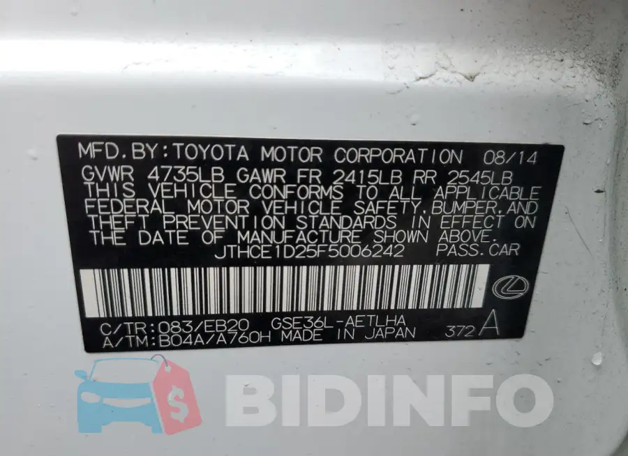 JTHCE1D25F5006242 Photo# 12