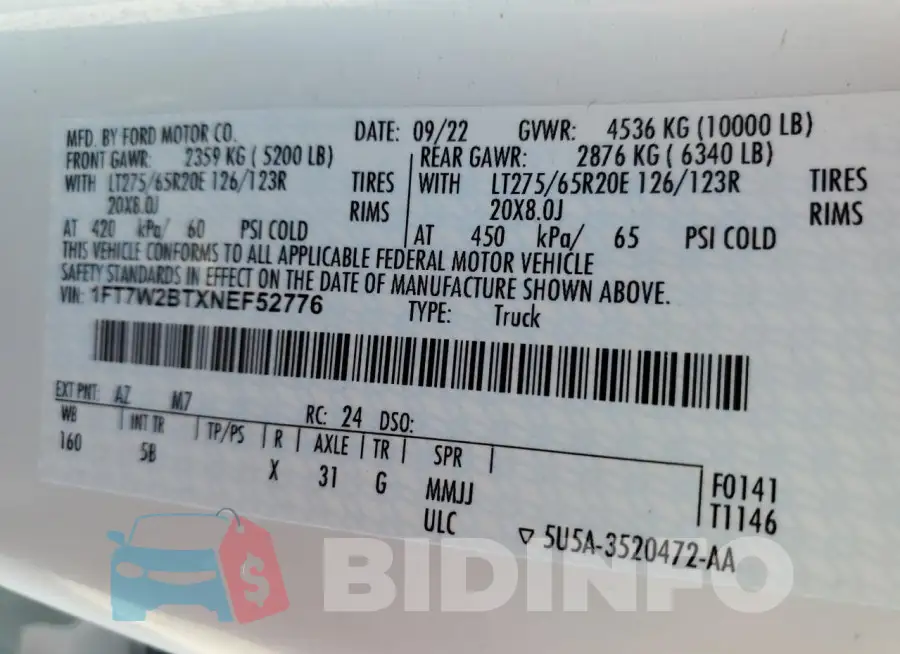 1FT7W2BTXNEF52776 Photo# 12