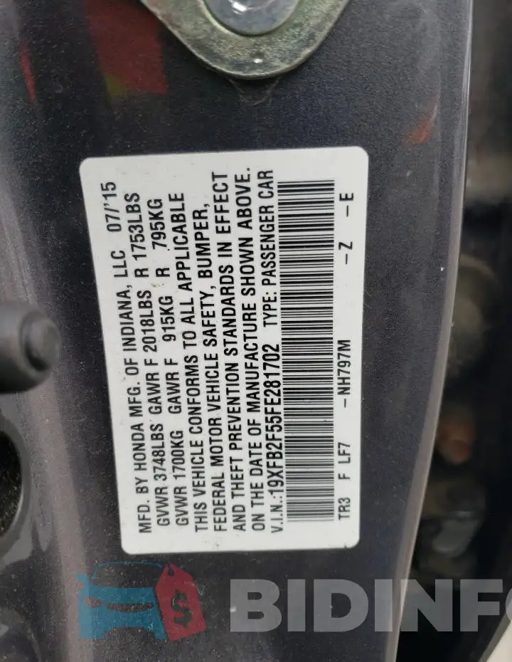 19XFB2F55FE281702 Photo# 13