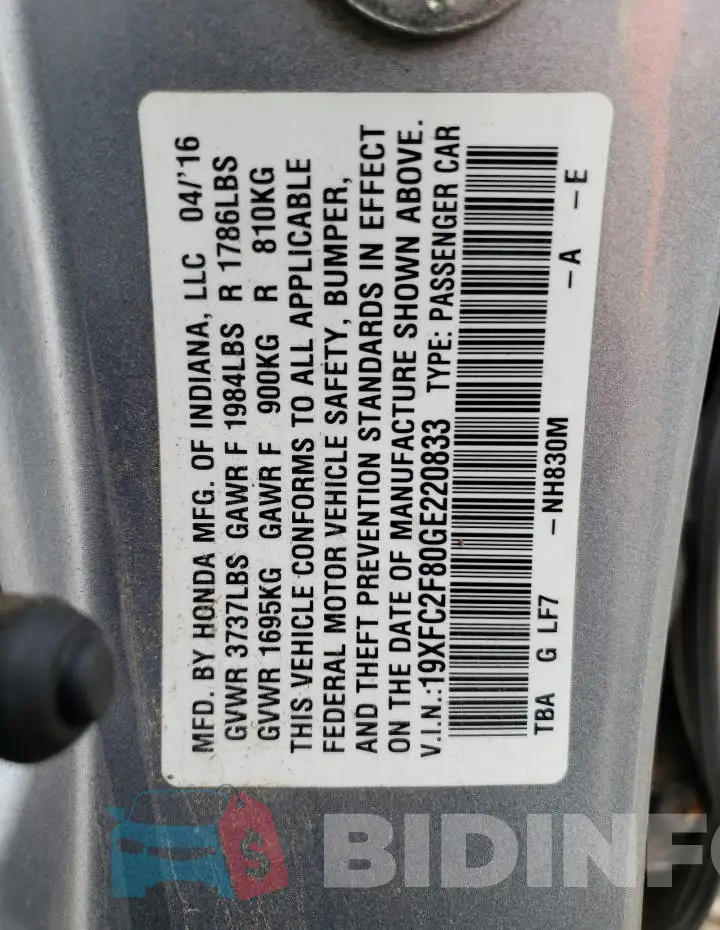 19XFC2F80GE220833 Photo# 12