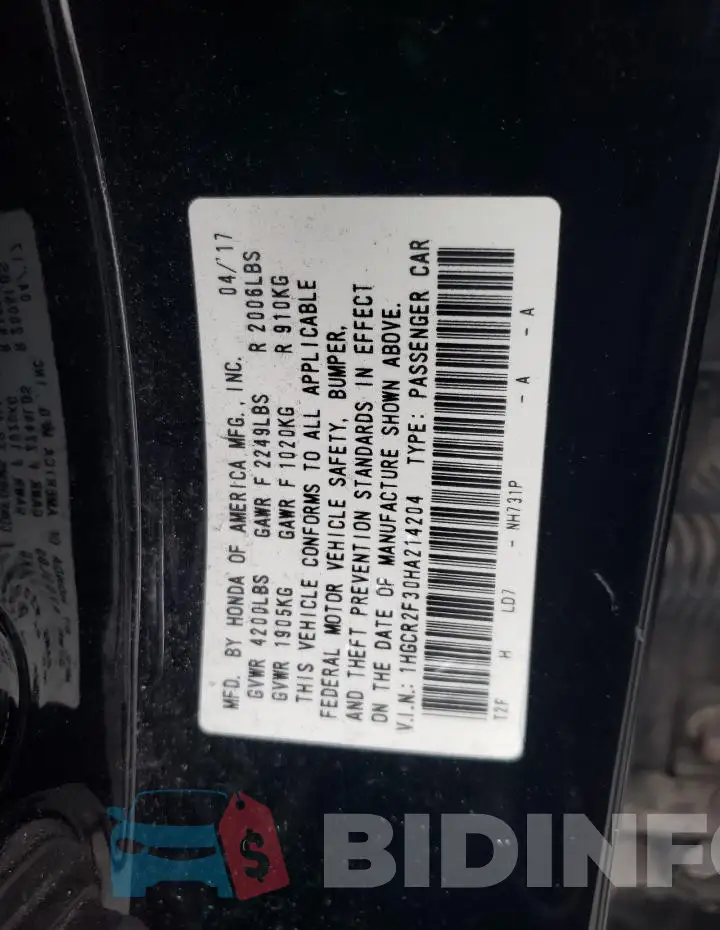 1HGCR2F30HA214204 Photo# 12