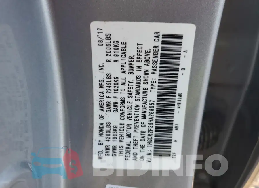 1HGCR2F39HA288057 Photo# 12