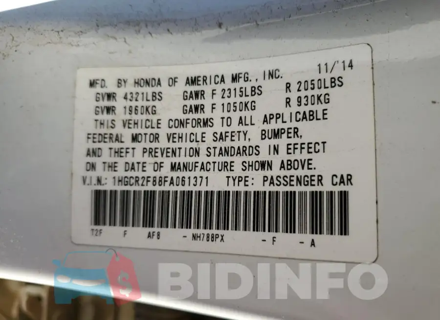 1HGCR2F88FA061371 Photo# 13