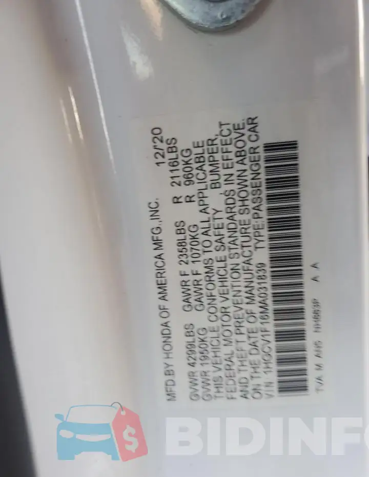 1HGCV1F16MA031839 Photo# 12