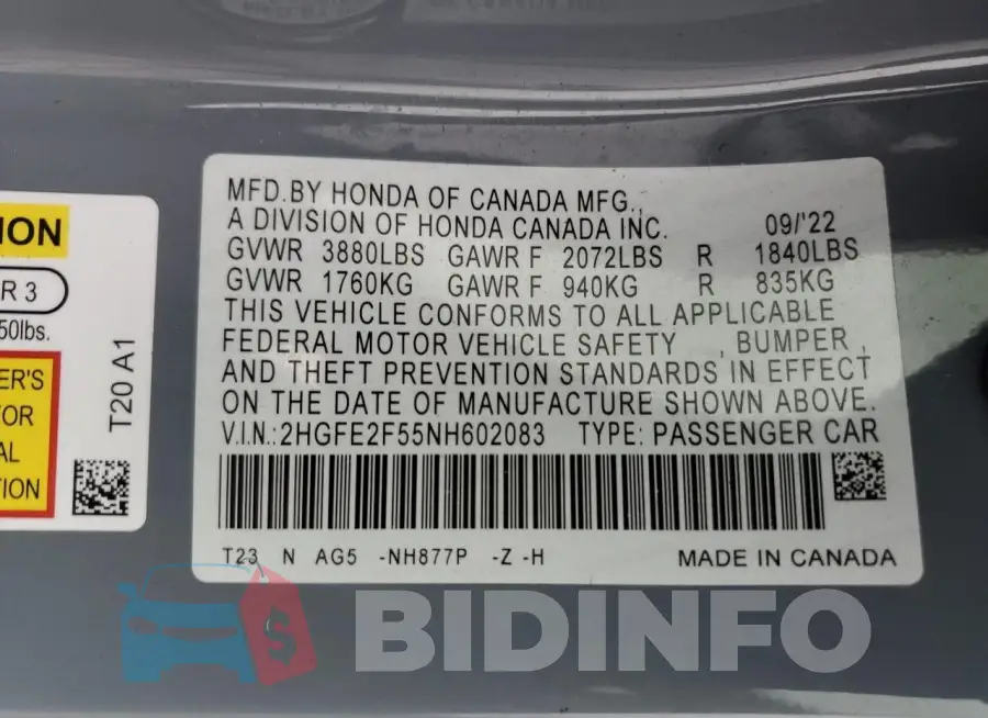 2HGFE2F55NH602083 Photo# 12