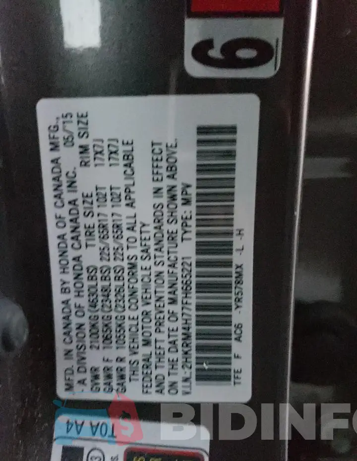 2HKRM4H77FH665221 Photo# 12
