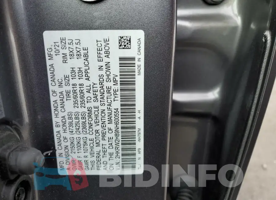2HKRW2H89NH600554 Photo# 12