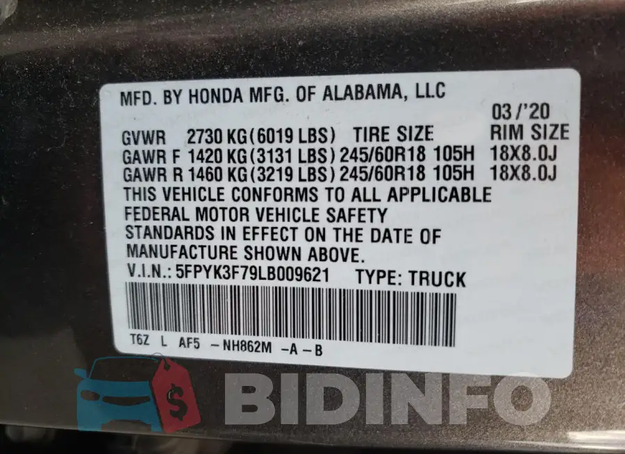 5FPYK3F79LB009621 Photo# 12