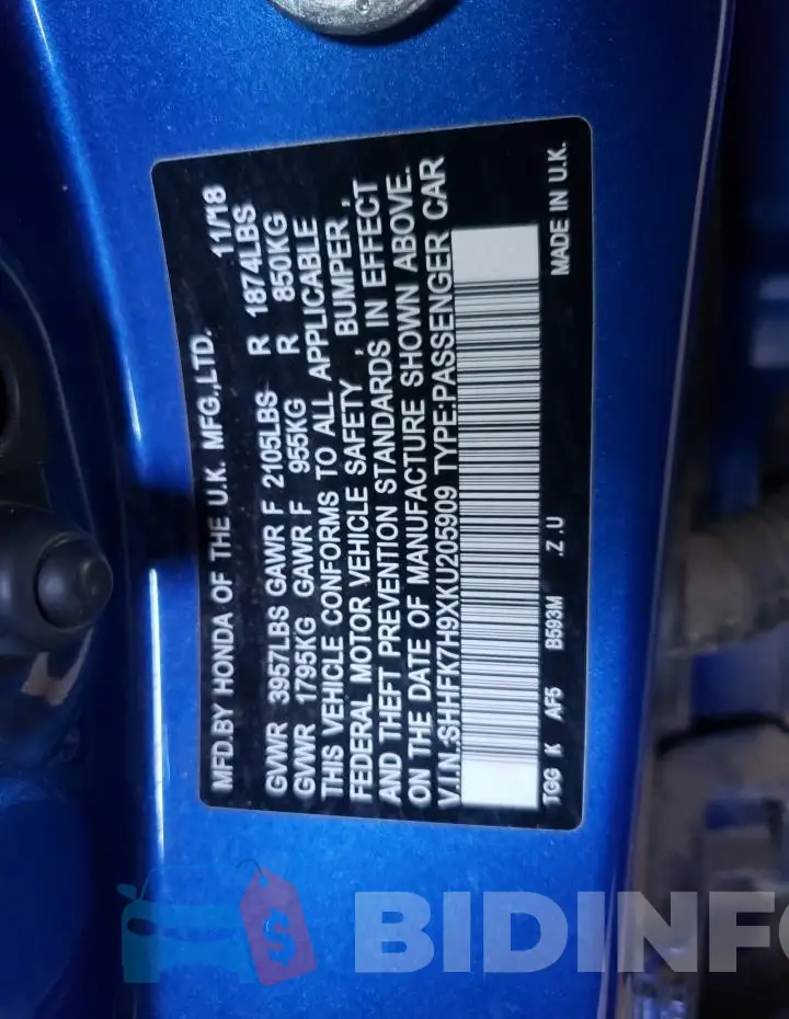 SHHFK7H9XKU205909 Photo# 12