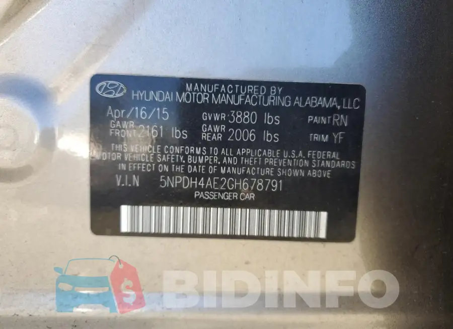 5NPDH4AE2GH678791 Photo# 13