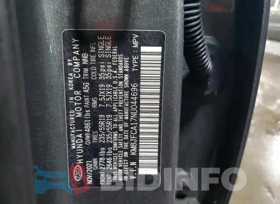 KM8JFCA17NU044696 Photo# 12