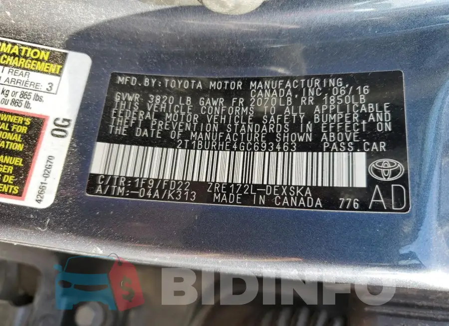 2T1BURHE4GC693463 Photo# 12