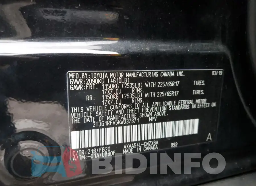 2T3G1RFV5KW037871 Photo# 13