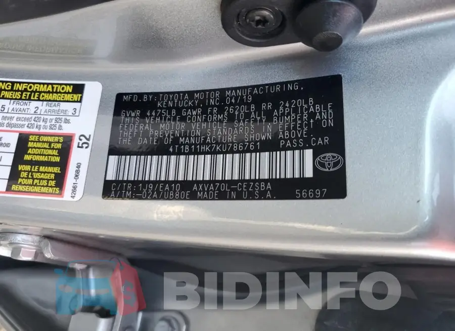 4T1B11HK7KU786761 Photo# 12
