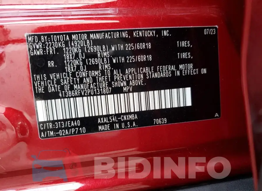 4T3B6RFV2PU131807 Photo# 12