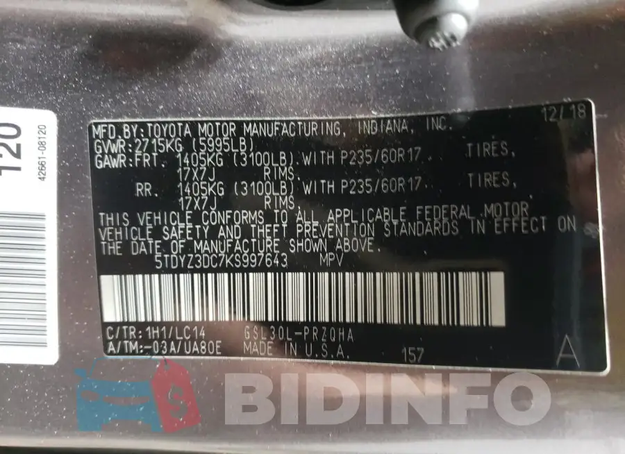 5TDYZ3DC7KS997643 Photo# 13