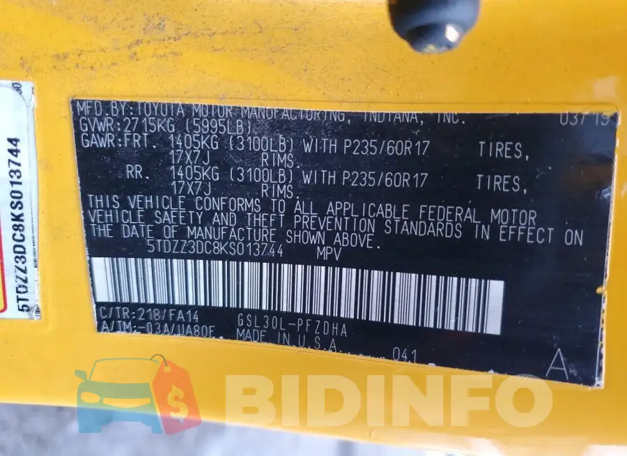 5TDZZ3DC8KS013744 Photo# 12