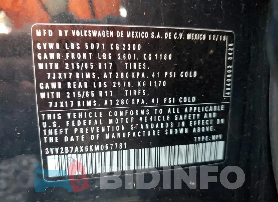 3VV2B7AX6KM057781 Photo# 12