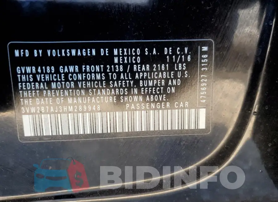 3VW2B7AJ3HM289948 Photo# 12