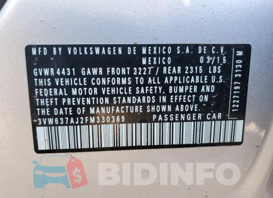 3VW637AJ2FM330369 Photo# 12