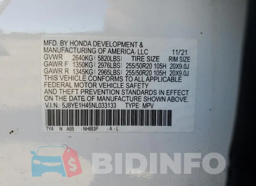 5J8YE1H45NL033133 Photo# 13