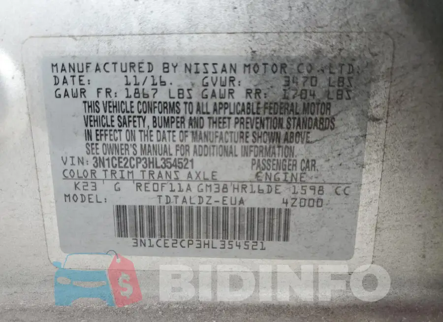3N1CE2CP3HL354521 Photo# 12