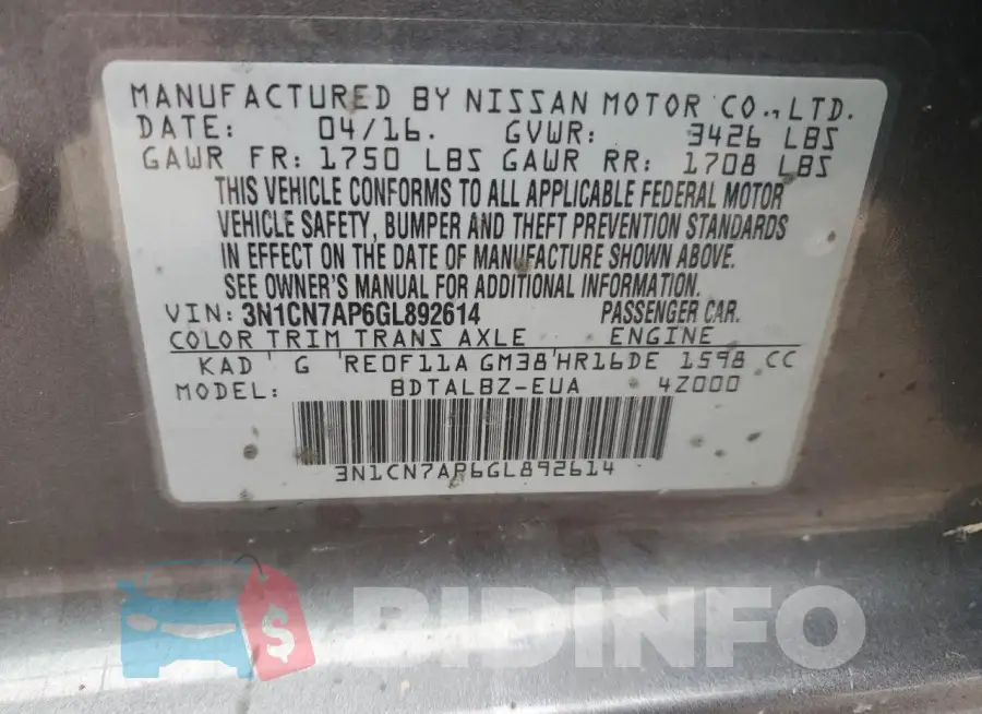 3N1CN7AP6GL892614 Photo# 13