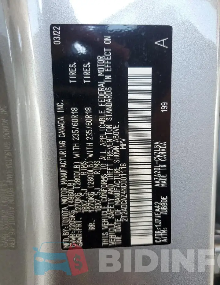2T2ADCAZ4NC001118 Photo# 13