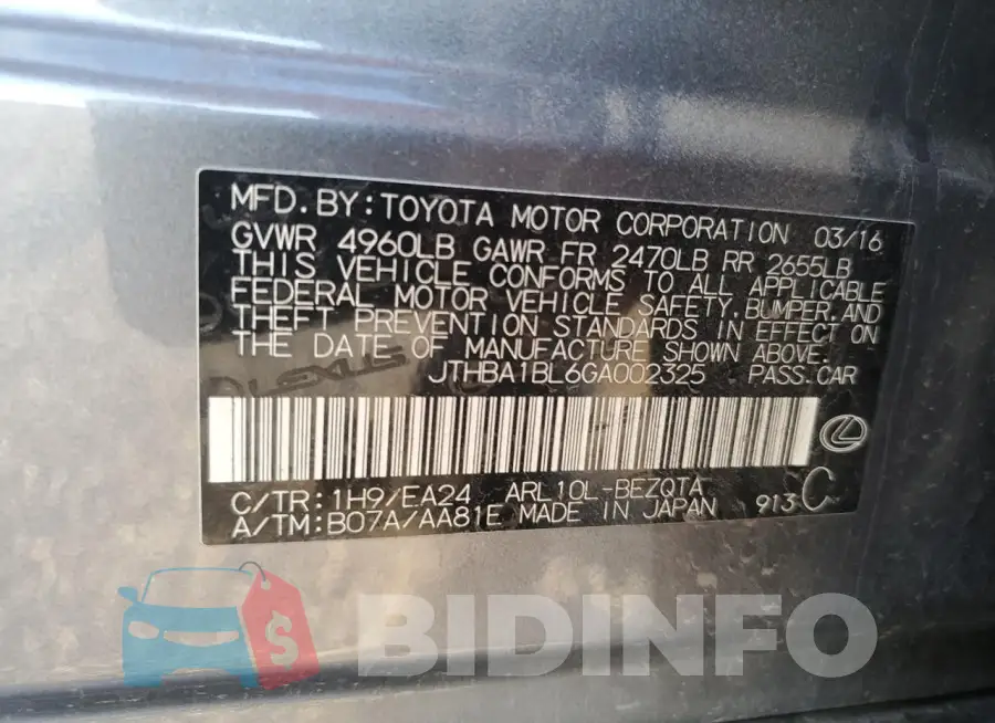 JTHBA1BL6GA002325 Photo# 12