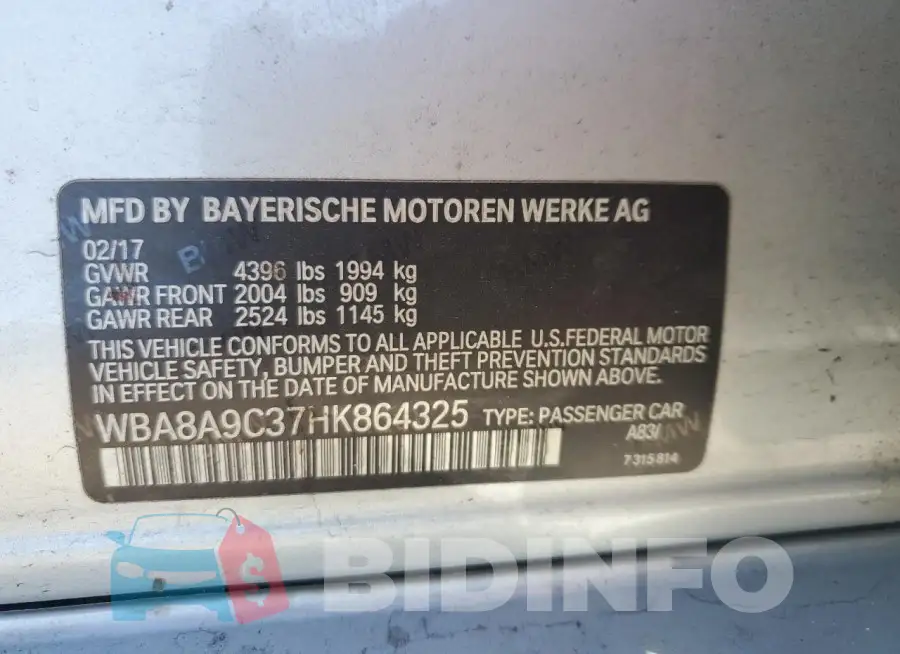 WBA8A9C37HK864325 Photo# 12