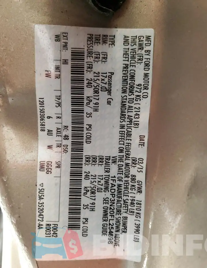 1FADP3N20FL254698 Photo# 12